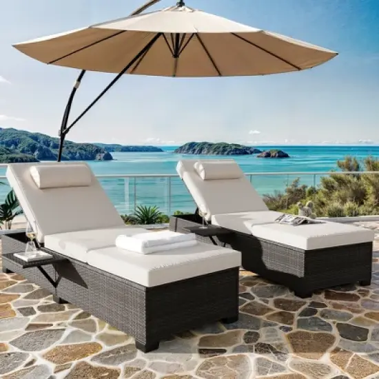 Outdoor PE Wicker Chaise Lounge Chairs, Pool Lounge Chairs Set of 2, Brown Rattan Pool Lounge Chairs Adjustable Backrest Recliners with Beige Cushion image {7}