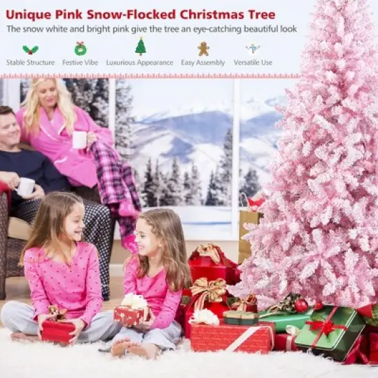 Costway 7.5FT Pre-Lit Snow Flocked Pink Christmas Tree 1100 Tips w/ 450 Lights & 8 Modes image {5}