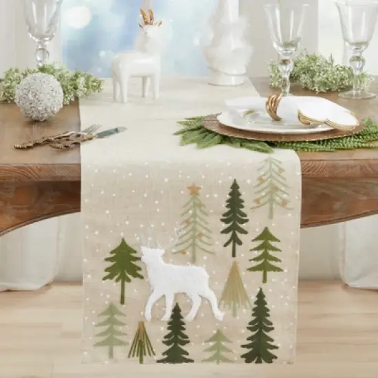 Saro Lifestyle Christmas Trees And Deer Table Runner, 16"x70", Natural image {2}