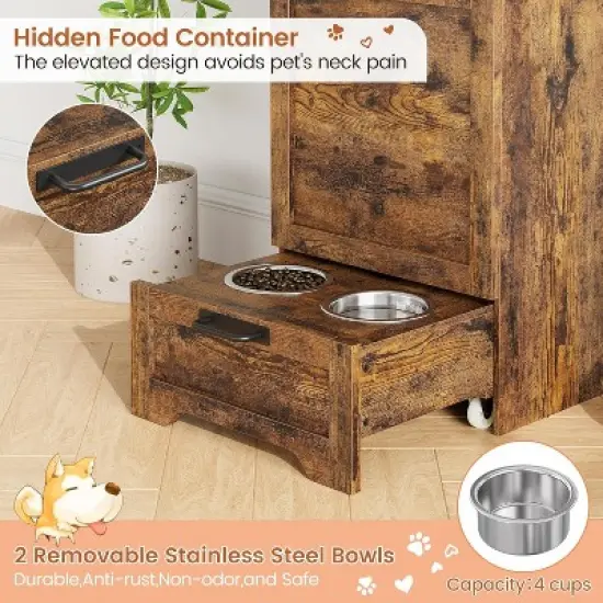 Pet Feeding Station with 2 Elevated Bowls, Pet Toy Storage Organizer Cabinet image {4}