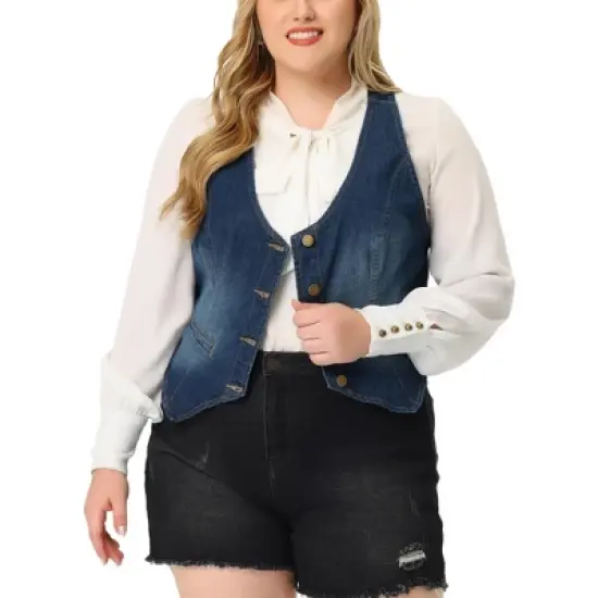 Agnes Orinda Women's Plus Size Sleeveless Button Up Fashion Retro Jean Denim Vest image {6}