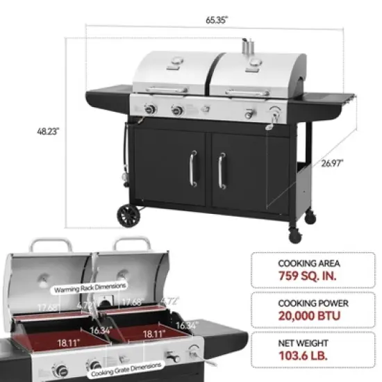 RoyalGourmet 2-Burner Gas and Charcoal Combo Grill ZH3002NTG Silver/Black image {10}