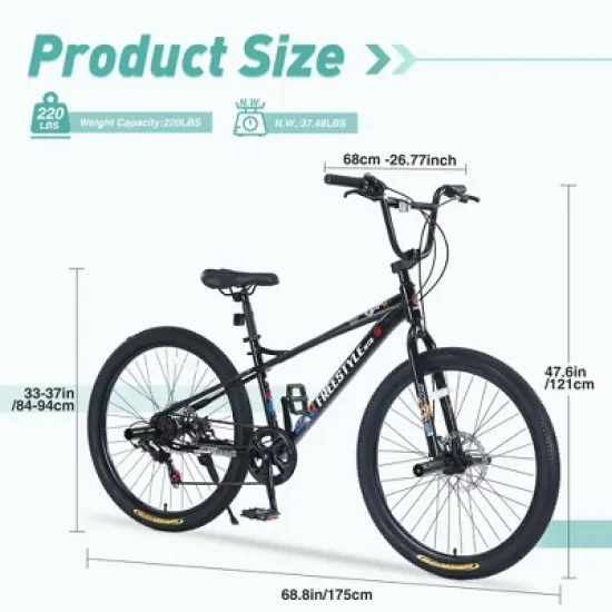 NAYSAYE Bicycle Freestyle Kids Bike Double Disc Brakes for Boys and Girls 12 Years and Older for Fun, Black, 68.8"*26.77"*47.6" image {4}