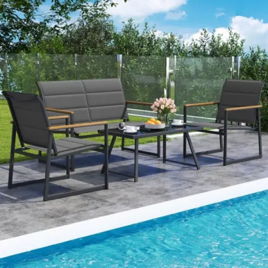 Costway 4/8 PCS Patio Furniture Setwith Padded Fabric Seat & Wood-Plastic Armrests Table image {9}