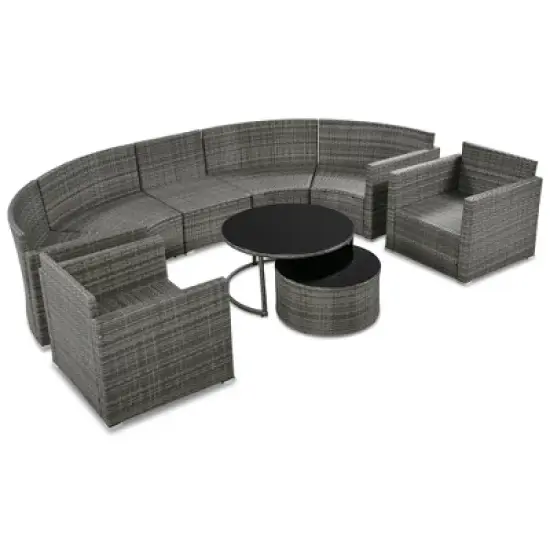 FIONECA 9-Piece Half-Moon Patio Sofa Set, Outdoor Round Wicker Sectional with Coffee Tables & Cushions, Gray image {12}