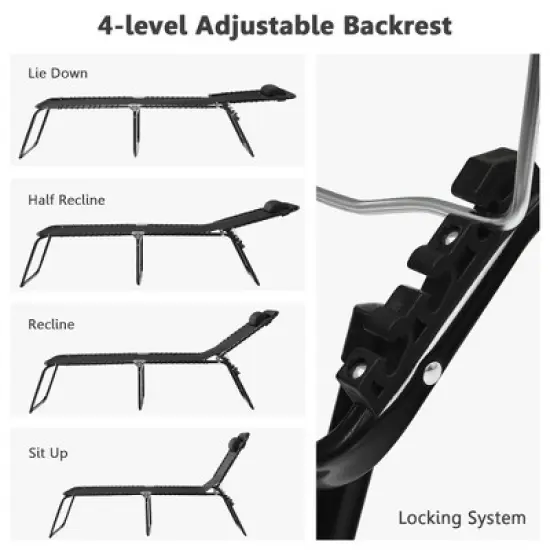 Costway Folding Beach Lounge Chair Heightening Design Patio Lounger w/ Pillow Black\Grey image {5}