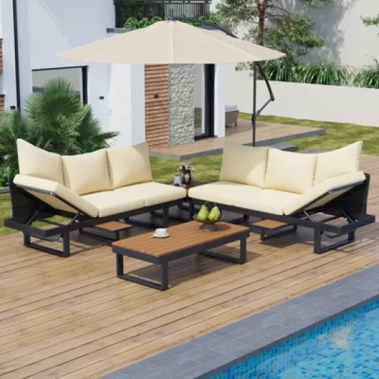 DSVIMOY Patio Conversation Set, Patio Seating Group, Outdoor Daybed with Adjustable Reclining Seats for Backyard, Beige, 100.8"*27.6"*29.1" image {4}