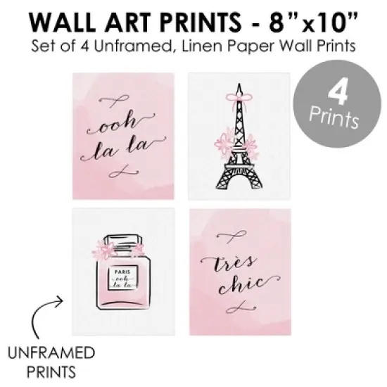 Big Dot of Happiness Paris, Ooh La La - Unframed Eiffel Tower Nursery and Kids Room Linen Paper Wall Art - Set of 4 - Artisms - 8 x 10 inches image {3}