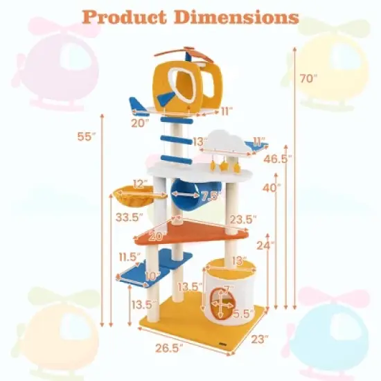 Tangkula 70" Tall Aviation-themed Cat Tree w/ Helicopter Top Perch Platforms Basket Bed image {8}