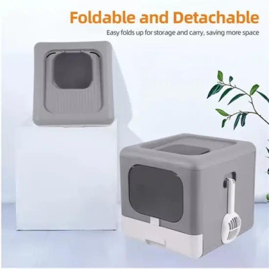 Extra Large Folding Pet Litter Box Portable Durable Cat Gray Litter Toilet Detachable Top Front Entry with Handy Scoop & Remove Tray image {8}