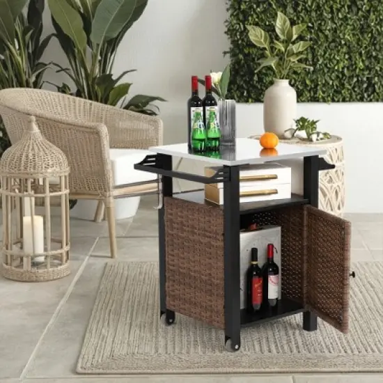 Outdoor Kitchen Wicker Island Rolling Cart & Storage Cabinet, Wheels and Stainless Steel Extended Table Top Brown image {12}
