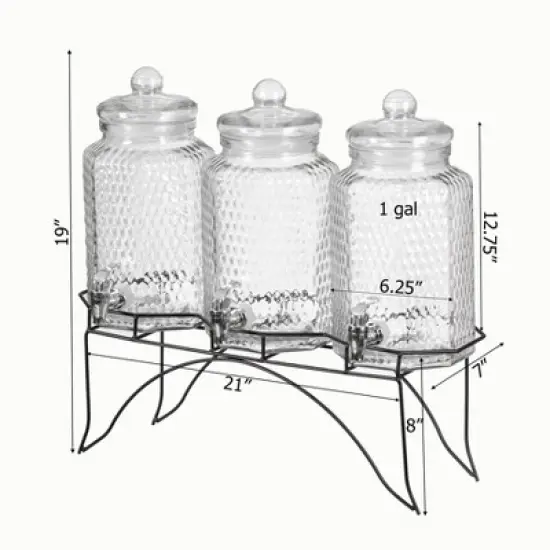 Basicwise 3-Piece Glass Drink Dispenser Set with Metal Stand and Stainless Steel Spigot - Beverage Dispensers for Lemonade, Juice, Water, and Punch image {5}