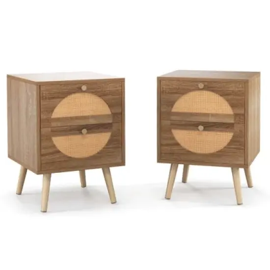 Costway 2Pcs Rattan Nightstand with 2 Drawers Solid Wood Legs Compact Wood Coffee Table image {9}