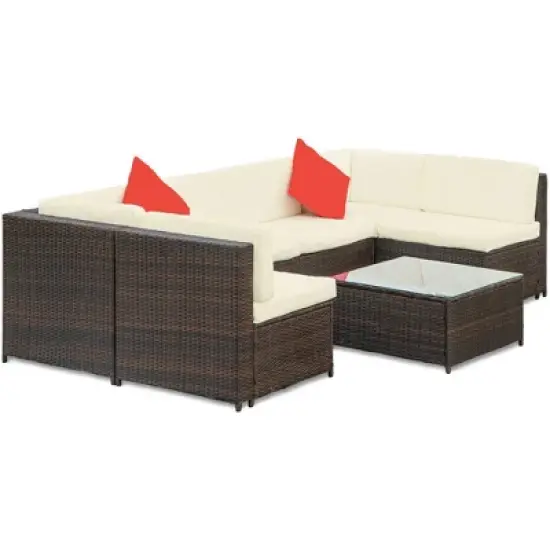 7pc Wicker Patio Sofa Set with Cushions - Brown/Beige - GODEER image {5}