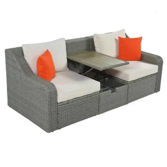 3-Piece Patio Wicker Sofa Set with Cushions, Pillows, Ottomans and Lift Top Coffee Table-ModernLuxe image {5}