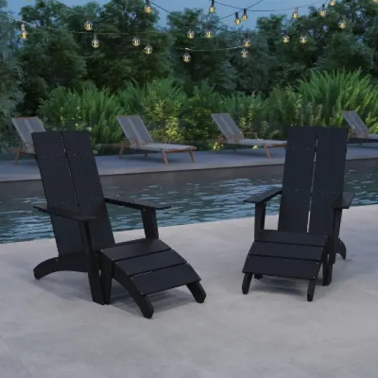 Merrick Lane Set of 2 Adirondack Slatted Back Patio Chairs With Accompanying Foot Ottomans image {1}