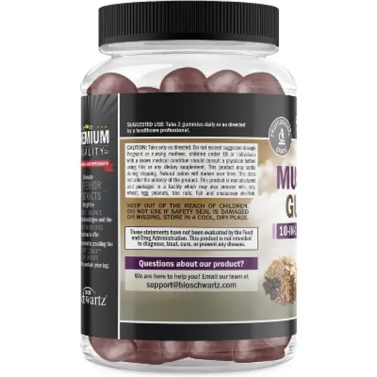 Mushroom Gummies for Adults, 10in1 Mushroom Supplement for Mood and Focus with Lions Mane, Turkey Tail, & More, Raspberry Flavor, Bioschwartz, 60ct image {6}