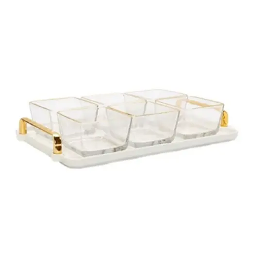 Classic Touch 6 Bowl Serving Dish White Tray and Glass Bowls with Gold Trim - 13.5"L image {1}