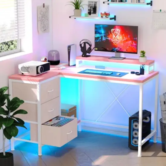 43 Inch Computer Desk, L Shaped Desk with Power Outlets and Led Lights, 3-Drawer Gaming Desk with Storage Shelves and Monitor Stand image {9}