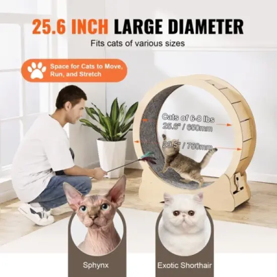 VEVOR Cat Exercise Wheel, Large Cat Treadmill Wheel for Indoor Cats, 29.5 inch Cat Running Wheel with Detachable Carpet and Cat Teaser, Beige image {4}
