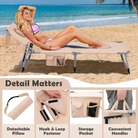 Costway Outdoor Beach Lounge Chair Folding Chaise Lounge with Pillow Blue/Beige image {9}