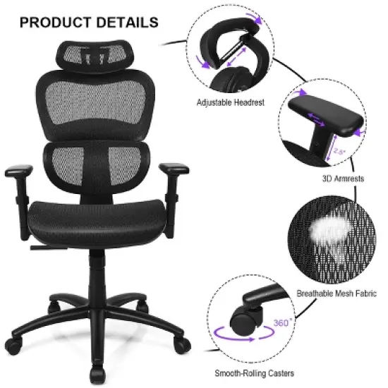 Mesh Office Chair Recliner High Back Adjustable with Headrest & Lumbar Support image {7}