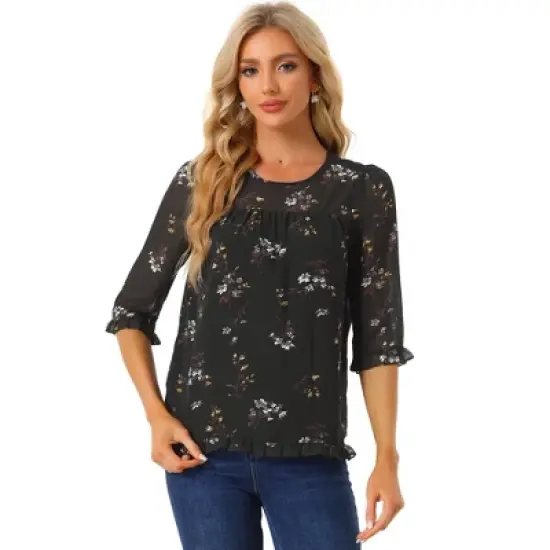 Allegra K Women's Casual Round Neck Ruffle 3/4 Sleeve Floral Print Chiffon Blouse image {16}