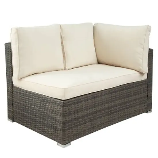 7pc Wicker Patio Seating Set with Cushions & Storage Box - Gray/Beige - GODEER image {7}