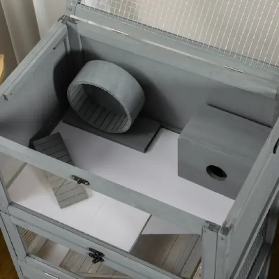 PawHut 35.5" Wooden Hamster Cage, Mice Rodent Small Animals Kit Hutch, w/ Storage Shelf, Sliding Tray, Seesaw, Running Wheel, Lockable Roof Grey image {4}