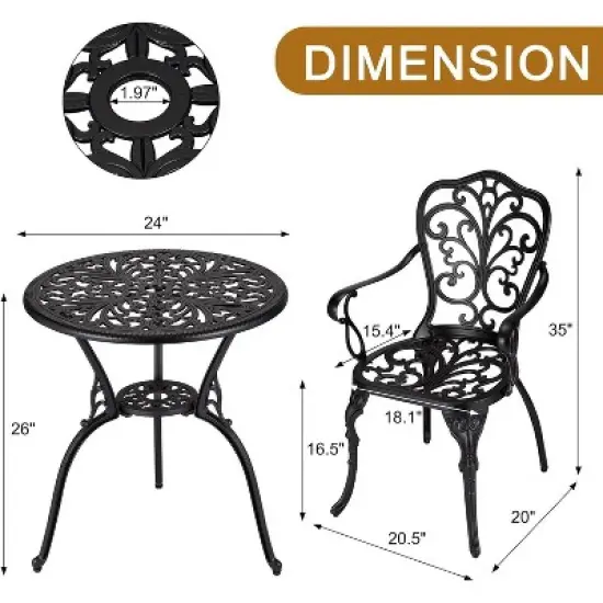 3-Piece Outdoor Bistro Set, Rust-Resistant Cast Aluminum Table and Chairs with Umbrella Hole image {1}