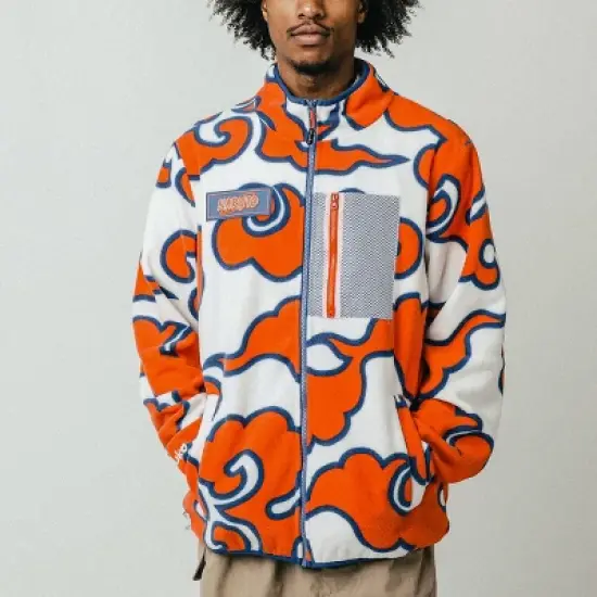 Naruto Orange Cloud Pattern White Men&rsquo;s Zip-Up Fleece Jacket image {4}
