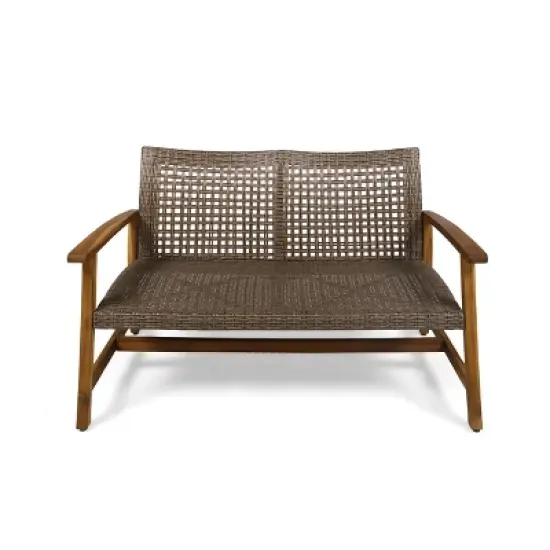 GDFStudio Jean Outdoor Acacia Wood and Wicker Loveseat image {9}