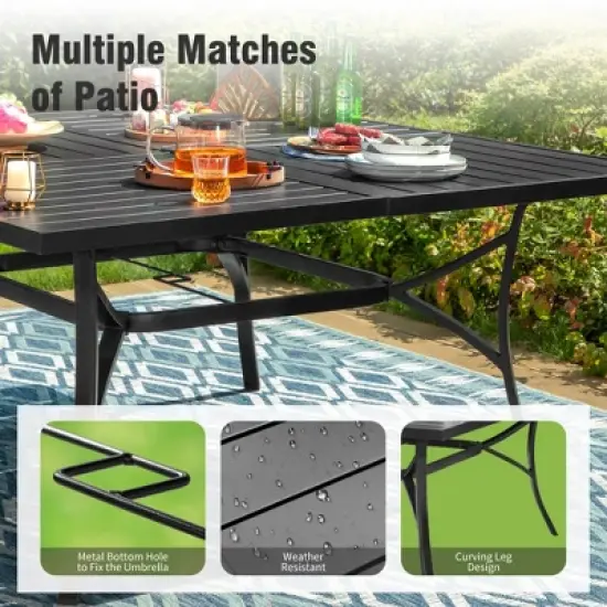 Captiva Designs 9pc Spacious Slat-top Square Metal Table with Umbrella Hole & Fixed Metal Chairs with Cushions image {4}