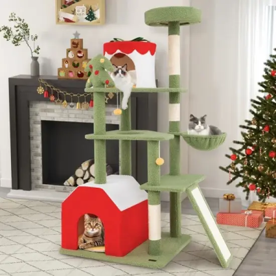 Tangkula 61" Tall Christmas Cat Tree w/ Sisal Scratching Posts Plush Perch & 2 Condos image {3}