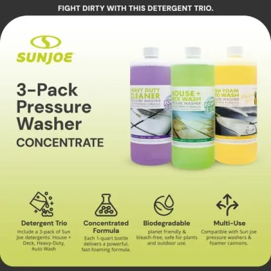 Sun Joe 3 Pack Pressure Washer Concentrate Trio, House and Deck Wash, Auto Foam, and All Purpose Cleaner, Biodegradable Detergent, Multi, SPX-ASST3Q image {1}