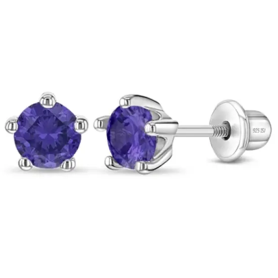 Girl's Classic CZ Birthstone Solitaire Screw Back Sterling Silver Earrings - In Season Jewelry image {7}
