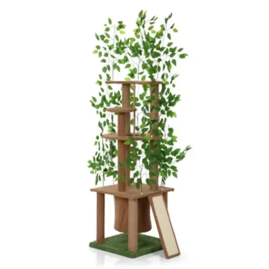 SEVOBAL Pet Tower Cat Tree with Artificial Leaves, Cat Condo and Scratching Post, Modern Cat Furniture, Brown, 19.30"*27.20"*76.80" image {4}