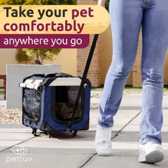 PetLuv Cat & Dog Pull-Along Carrier on Wheels & Rolling Travel Crate, Removable Soft Pillow, Privacy Windows, Locking Zippers, Pocket, Seatbelt Loops image {5}