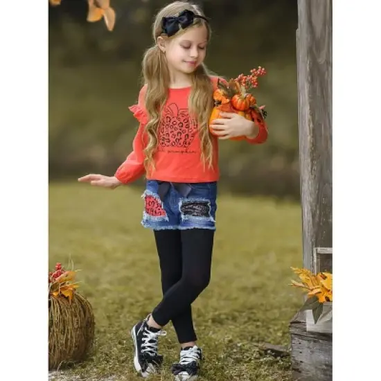 Girls Hello Pumpkin Top, Patched Denim Shorts & Legging Set Mia Belle Girls, Orange, 2T image {4}
