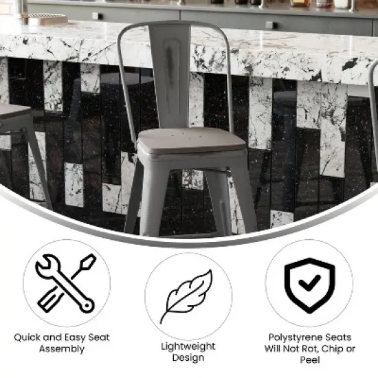 Emma and Oliver Clear Coated Metal Stool with Backrest and Polyresin Seat for Indoor Use Only image {6}