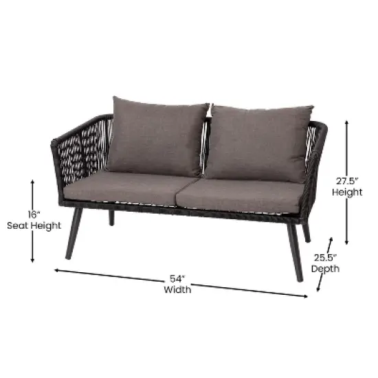 Emma and Oliver Black & Gray Woven All-Weather Four-Piece Conversation Set with Cushions & Metal Coffee Table for Porch, Backyard and Patio image {9}