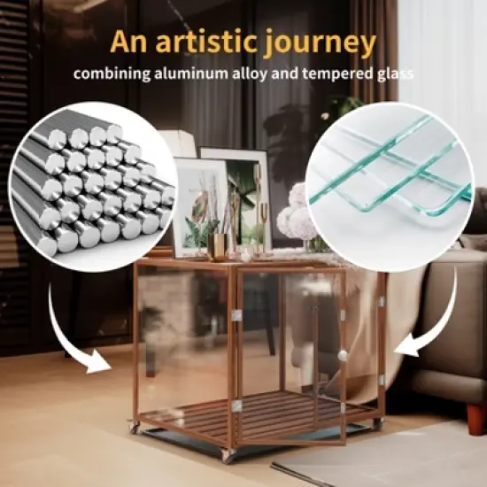 Artloge Modern Extra Large Heavy Duty Dog Crate Tempered Glass Brown Pet Cage with Anti-Rust Aluminum Frame Lockable Casters & Spacious Interior,M image {6}