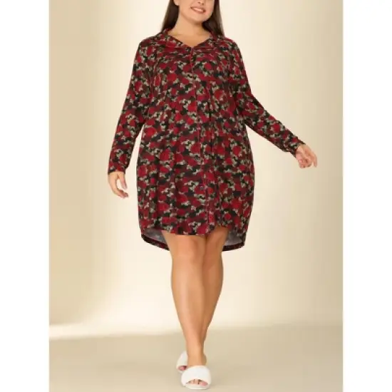 Agnes Orinda Women's Plus Size Floral Notched Lapel Button Up Nightgown image {1}