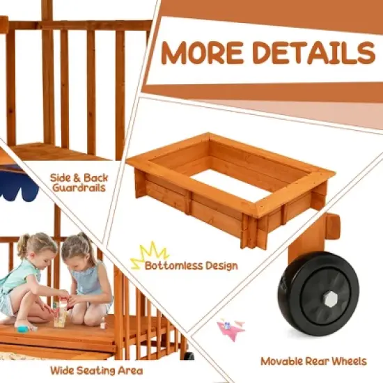 Costway Wooden Retractable Sandbox  with Cover & Built-in Wheels Kids Outdoor Playhouse image {4}
