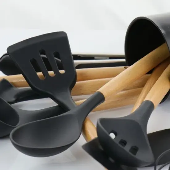 MegaChef 12 Piece Black Silicone and Wood Cooking Utensils Set image {1}