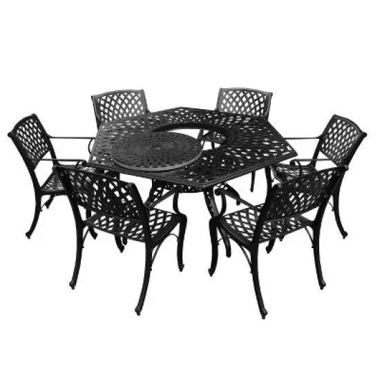 7pc Patio Dining Set with 63" Modern Ornate Outdoor Mesh Aluminum Large Hexagon Table & Modern Chairs - Black - Oakland Living: UV-Resistant image {1}