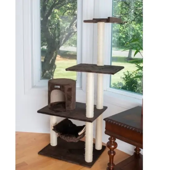 GleePet GP78590223 59-Inch Real Wood Cat Tree In Coffee Brown With Condo And Hammock image {3}