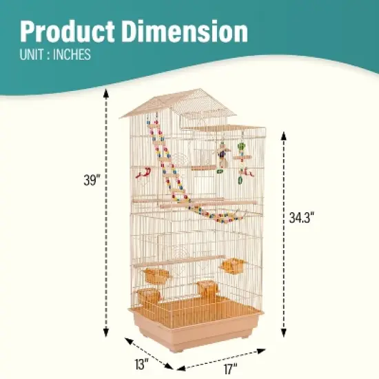 FDW 39 Inch Bird Cage Multi-Level Parrot Cage Roof Top Large Flight Cage with Removable Trays Accessories & Swinging Perch Ideal image {6}