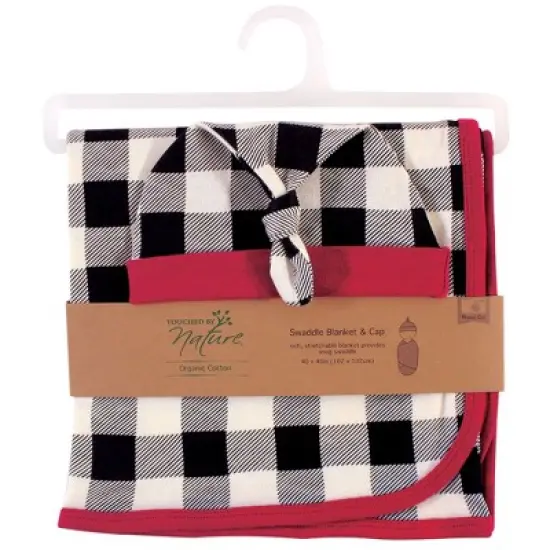Touched by Nature Baby Boy Organic Cotton Swaddle Blanket and Headband or Cap, Black Plaid, One Size image {1}