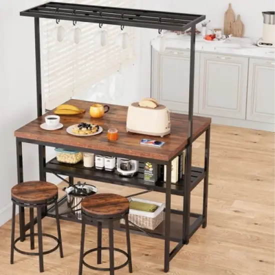 Coolmee 42/47 inch Kitchen Island with Storage & Seating - 3-Tier Bakers Rack, Microwave Stand, Dining Table for 4, 5 Hooks & 50lb Capacity image {3}